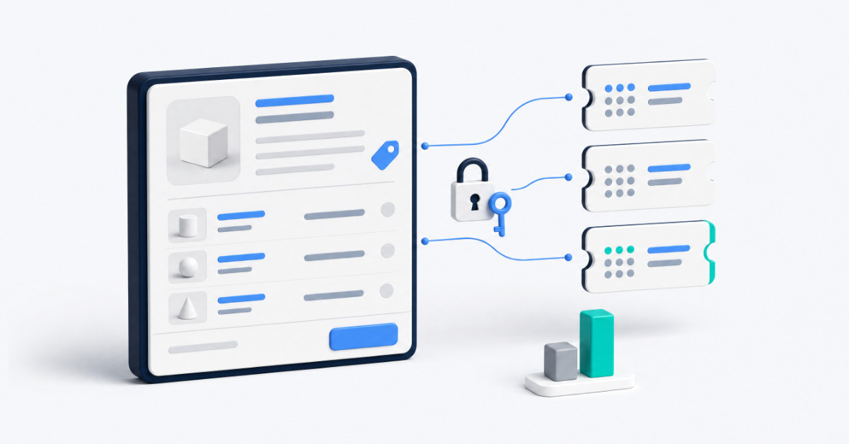 Checkout panel connected to three single-use coupon tickets with a padlock and key, representing unique Shopify discount codes