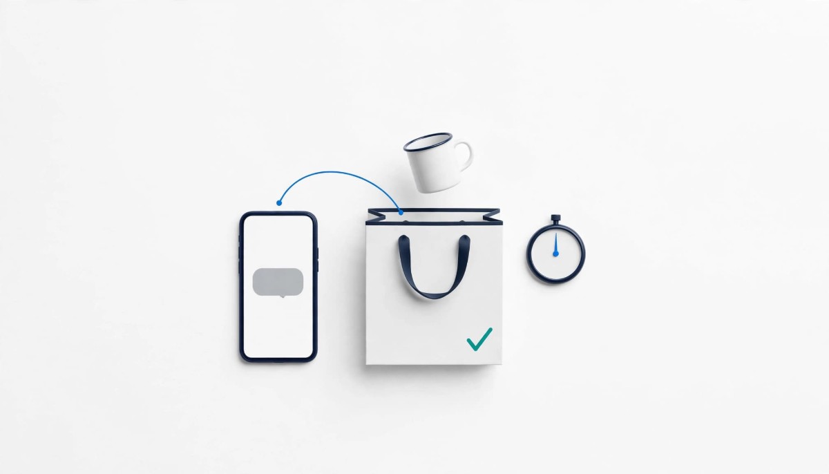 A smartphone with a message bubble linked by a thin blue line to a mug dropping back into an open shopping bag, beside a small stopwatch, on a white background