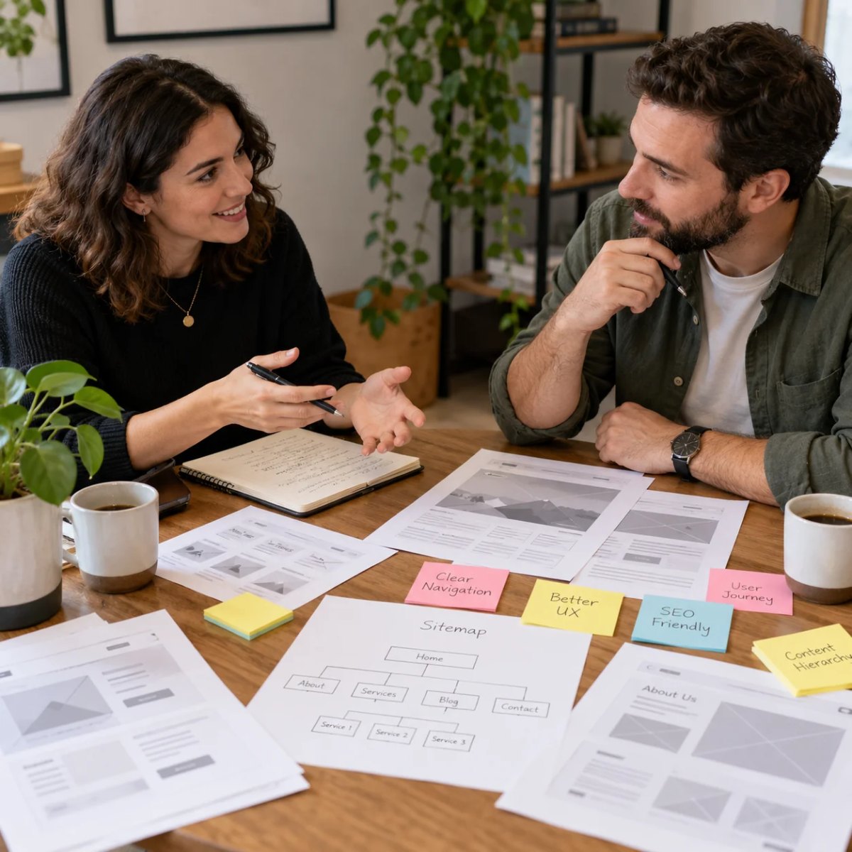 Business owner and agency strategist reviewing printed plans together at a table