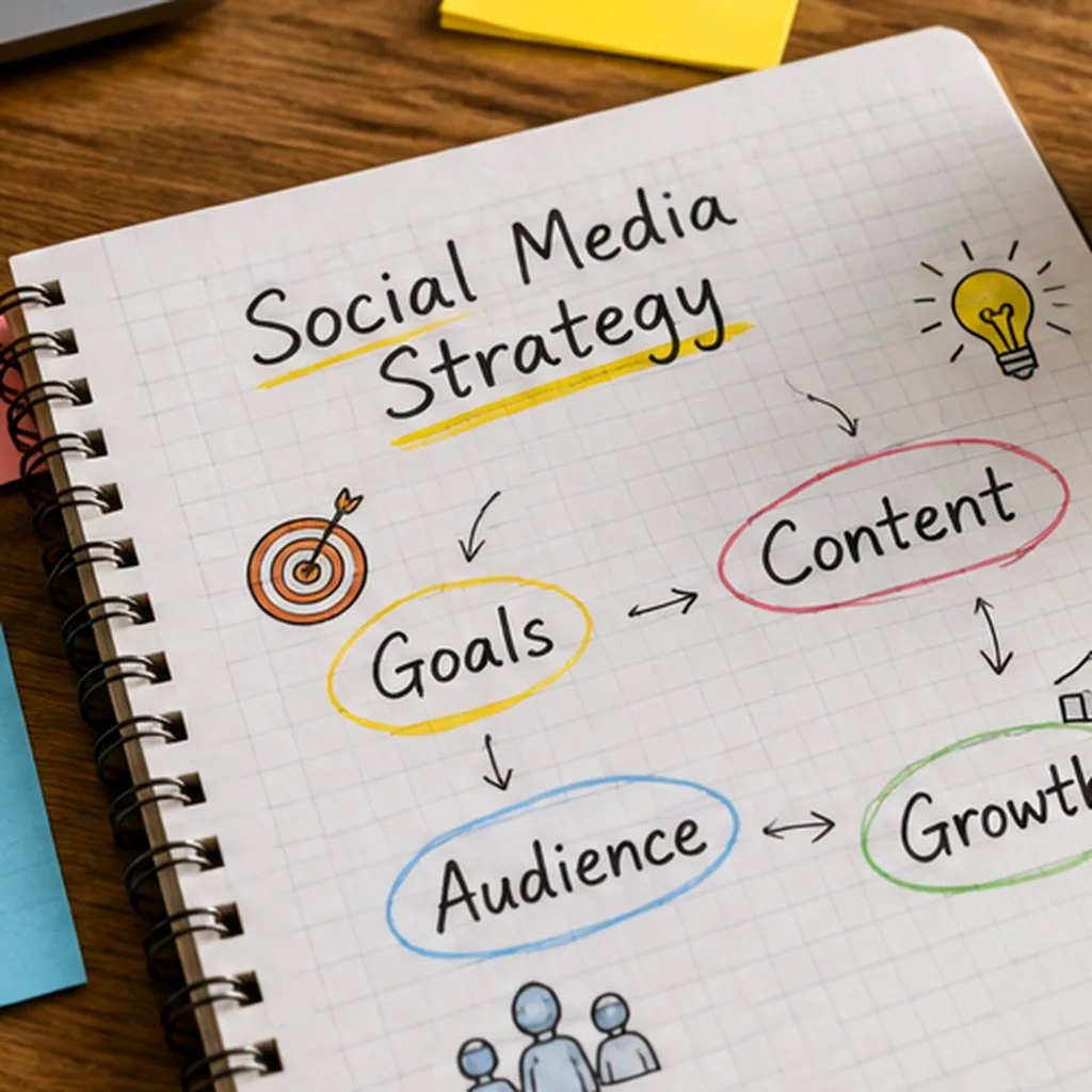 Notebook page sketching a social media strategy that links goals, audience, content and growth