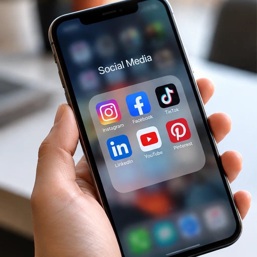 Hand holding a smartphone with a folder of social media apps open on the home screen