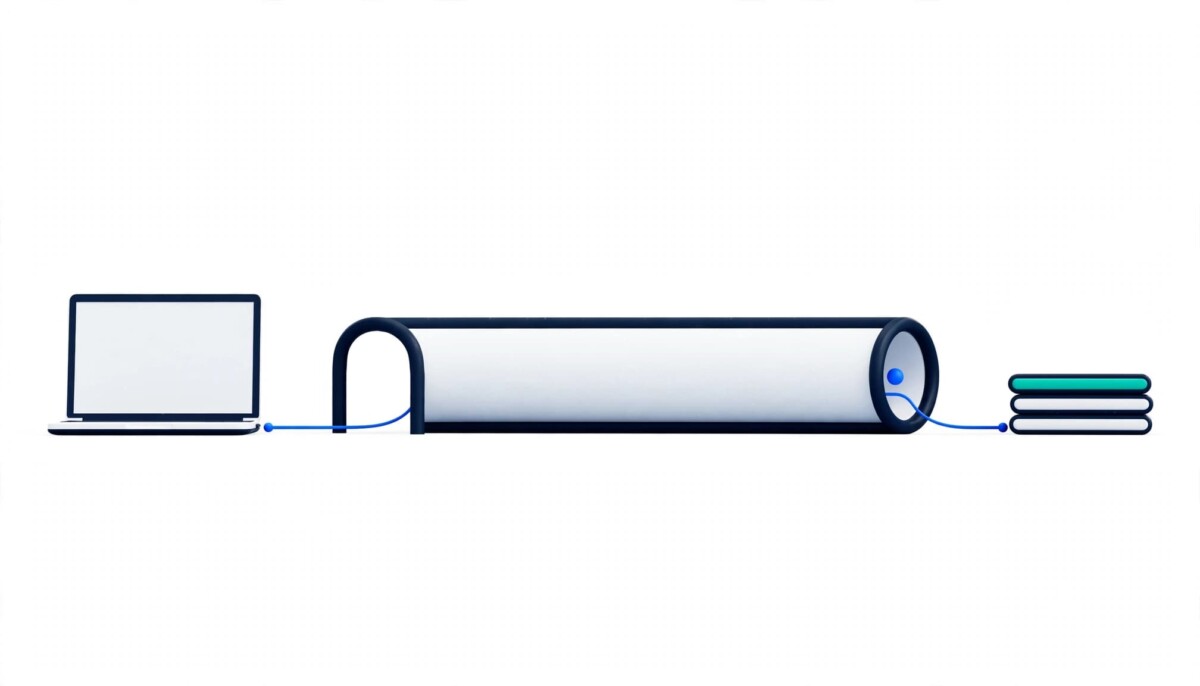 Illustration of a laptop connected through a private tunnel to a server stack, representing a VPN